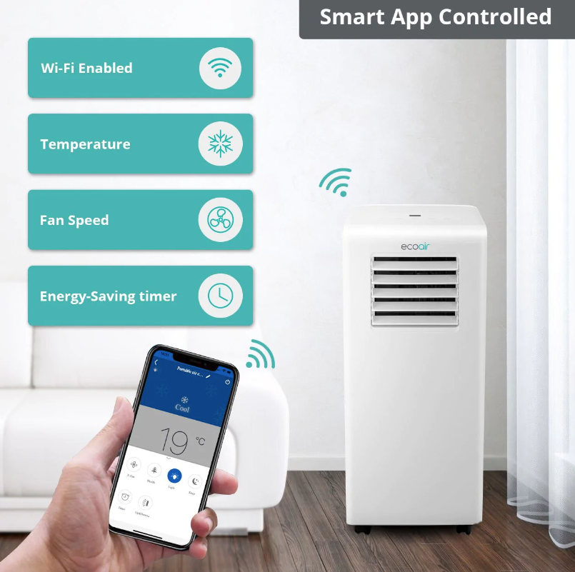EcoAir Portable Air Conditioner with Smart App & Remote Control | 7000 BTU | 6-in-1 Modes | Energy Efficiency Rating Class A+